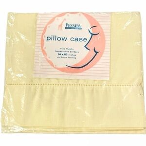 NOS Vintage Penney’s Crib Pillow Case Fine Muslin Yellow Hemstitched Border Baby